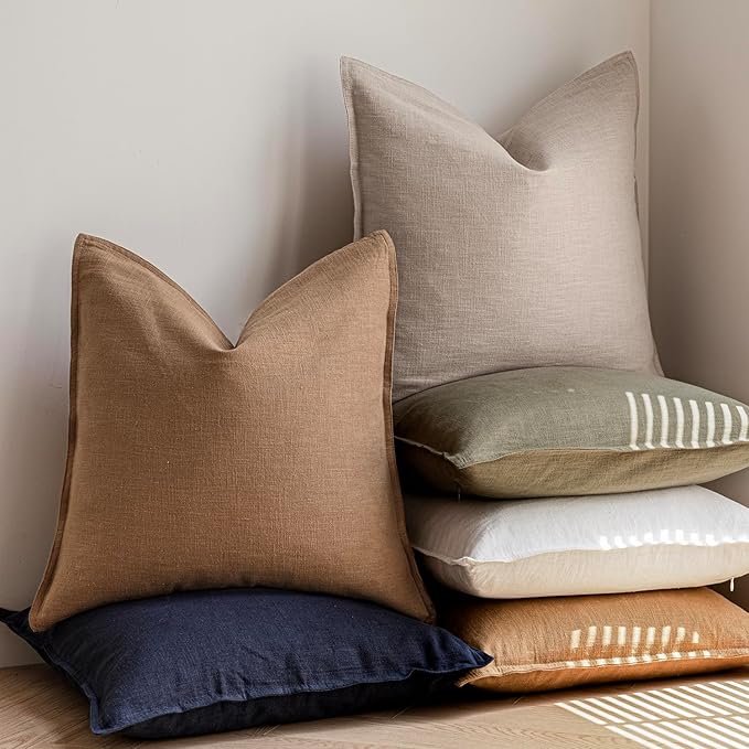 Foindtower Pack of 2, Decorative Linen Solid Throw Pillow Covers Soft Accent Cushion Case Boho Farmhouse Pillowcase for Chair Couch Sofa Bedroom Living Room Home Decor 22 x 22 Inch Light Khaki Brown