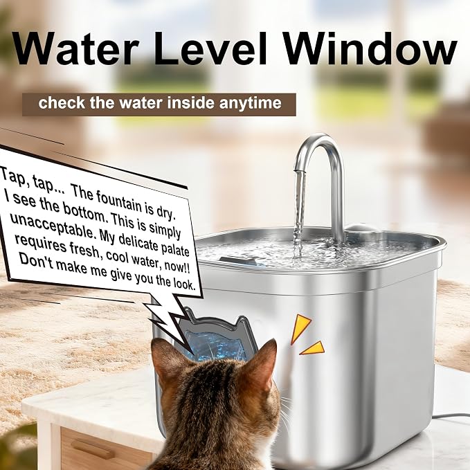 Homtyler Luxury Automatic Cat Water Fountain for Pets, 2.2L/74oz Stainless Steel Dog Water Dispenser with Filter, BPA Free & Silent, Featuring LED Light, Easy Clean & Cat View Window Black