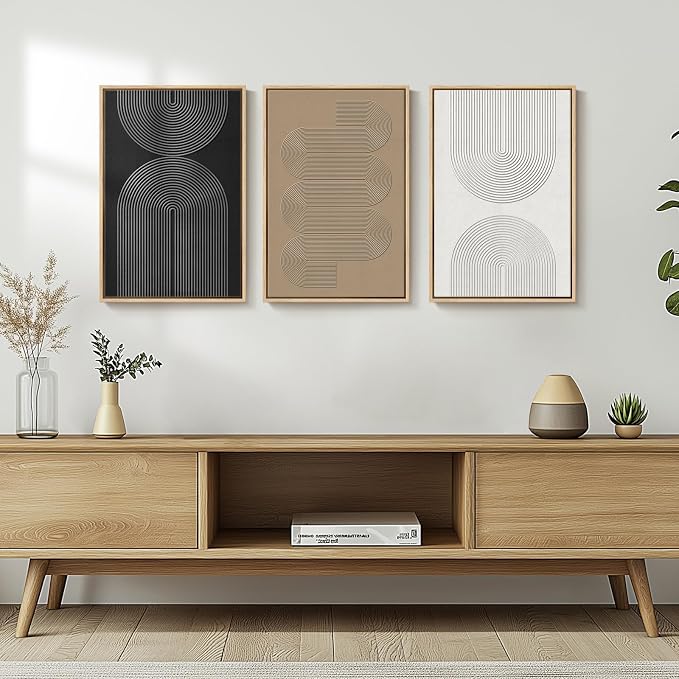 Framed Black and White Neutral Abstract Wall Art set, 3 Piece Cnavas Prints | Black White Brown Paintings, Modern Artwork for Walls, Minimalist Pictures, Living Room Bedroom Office Wall Decor 16x24 Inch