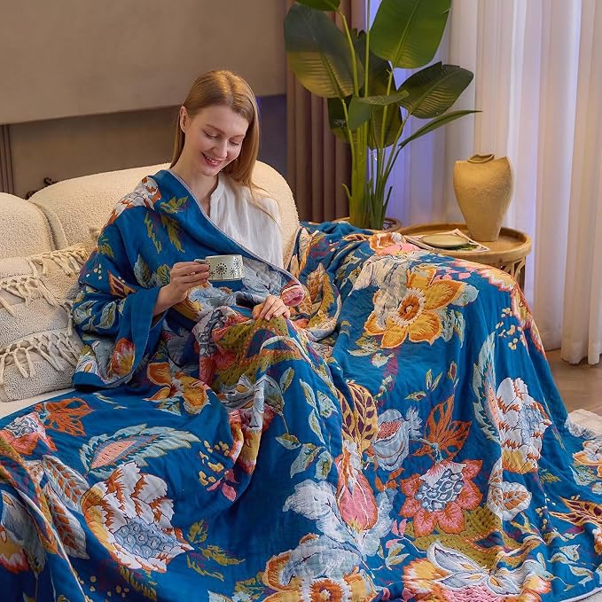 XIBLC Boho Throw Blanket, Blue Lightweight Blankets for Summer, 100% Cotton Bohemian Decorative Throw Blanket, 80"x90" Reversible Muslin Breathable Woven Farmhouse Blankets Quilt,