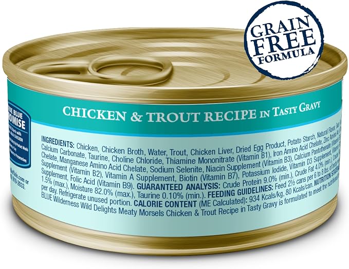 Blue Buffalo Wilderness Chicken & Trout Wet Cat Food, 3 oz, 24 ct | Wild Delights Meaty Morsels in Tasty Gravy, High Protein & Grain-Free Recipe, Made with Natural Ingredients