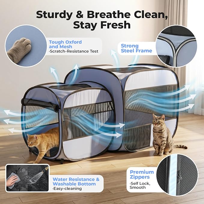 2-in-1 Portable Cat Playpen, Detachable into 2 Separate Cages with Additional 2 Doors, Pop up Pet Play Pen Cat Tent House, Foldable Puppy Enclosure Kitten Crates Indoors Outdoor(Grey)