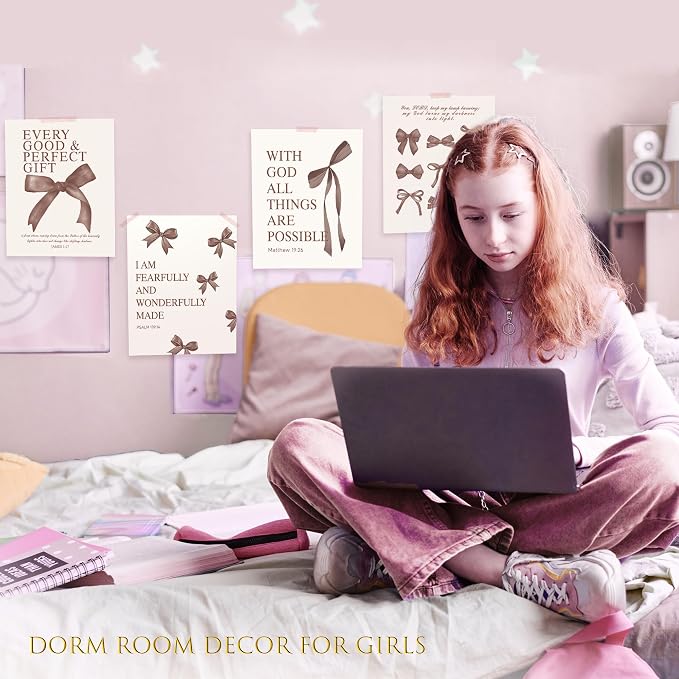 LARTSFRO Coquette Brown Bow Wall Art Decor Posters, Chocolate Brown Bow Room Bedroom Bathroom Dorm Wall Art Decor Aesthetic for College Teen Girls Gifts, Inspirational Bible Verses Bow Wall Decor, 12x16 Inch Set of 4 Pcs Bow Pictures (UNFRAMED)