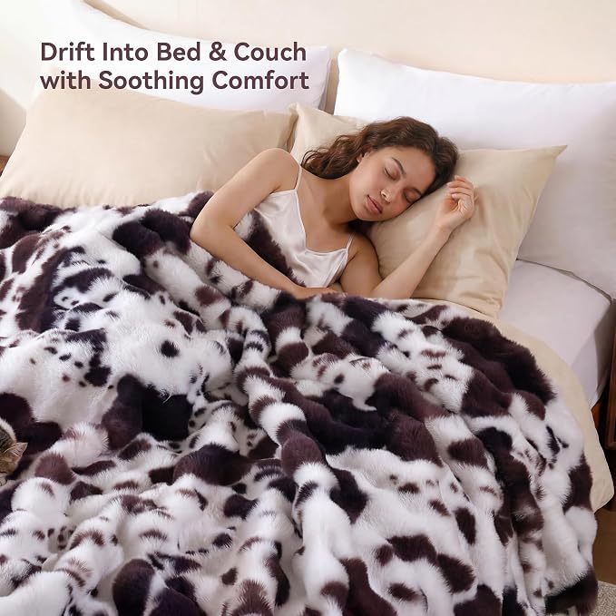 Faux Rabbit Fur Throw for Couch - Cow Brown Bubble Blanket 50"x60" | Fluffy Plush Fuzzy Throw for Sofa & Bed, Super Soft Cozy Comfrt Blanket, Luxury Aesthetic Cow Print Decor Gift for Women