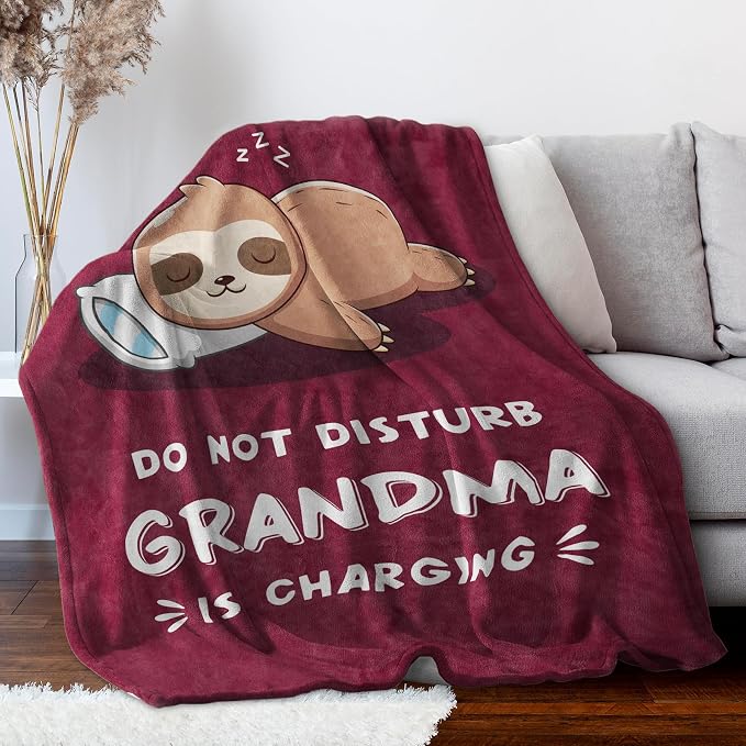 Leebbsin Funny Gifts for Grandma, Grandma Birthday Gift from Grandkids | Grandma is Charging Sloth Blanket 60" x 80" Burgundy, Grandmas Gift for Christmas Mothers Day, Soft Sloth Blanket for Grandma
