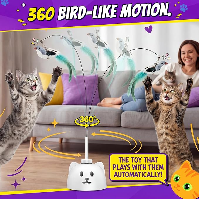 Interactive Cat Toys for Indoor Cats, 360° Automatic Spin Flying Bird Wand
