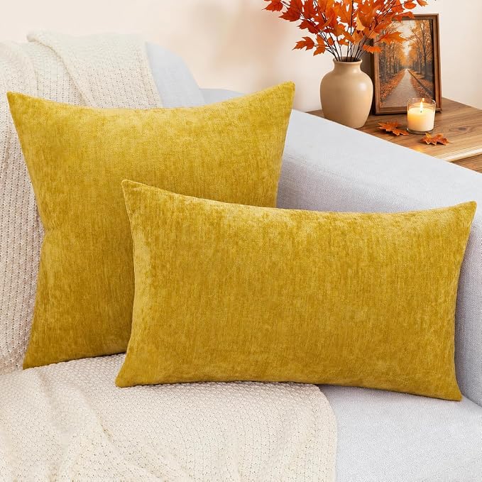 decorUhome Soft Chenille Mineral Yellow Throw Pillow Covers 16X16 Set of 2 | Decorative Fall Couch Pillow Covers Solid Dyed Accent Modern Farmhouse Neutral Square Pillow Cases for Sofa