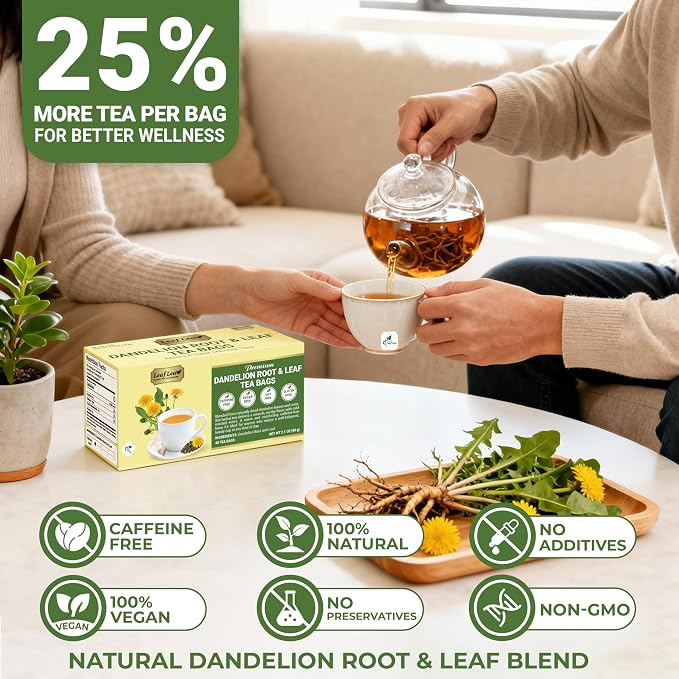 LeafLea Dandelion Root & Leaf Tea Bags, Caffeine-Free, No Sugar, 240 Count | 100% natural herbal tea blend. Sugar-free, Bulk pack. Individually wrapped for freshness. Te de Diente de Leon.