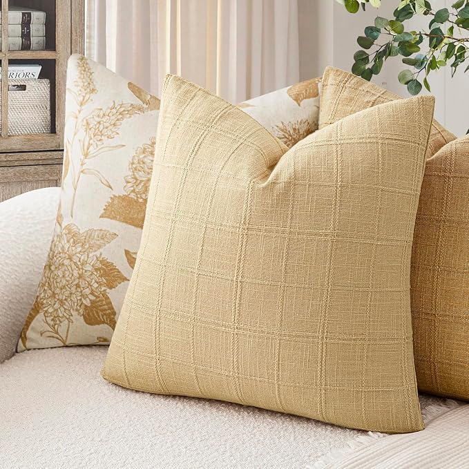 Foindtower Set of 2 Decorative Linen Check Throw Pillow Covers Neutral Farmhouse Vintage Cushion Covers Modern Boho Accent Home Decor for Sofa Chair Couch Bedroom Living Room,20×20 Inch,Light Yellow