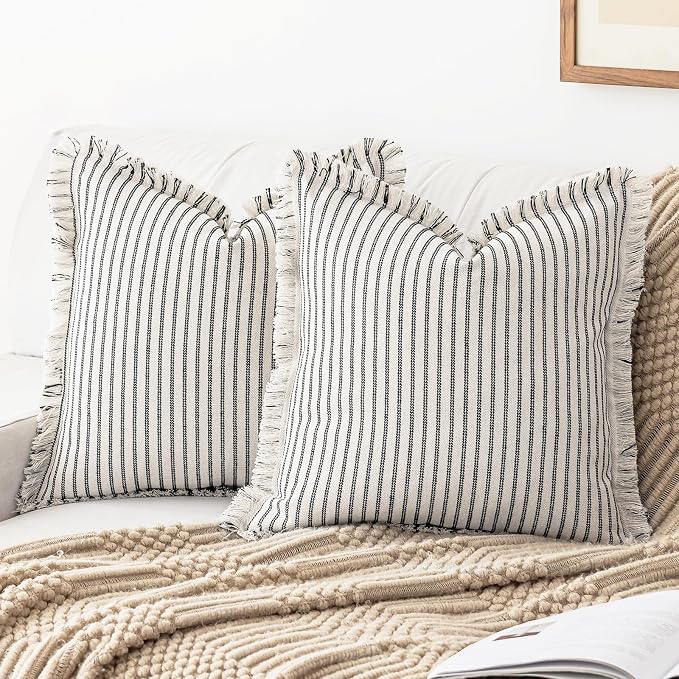 YEENAASY Throw Pillow Covers 18x18 Boho Striped Pillow Cases with Tassel | Set of 2 Fringe Pillow Cover Farmhouse Cushion Covers Neutral Pillows Decorative Square Pillowcase for Couch Sofa Bed, Black