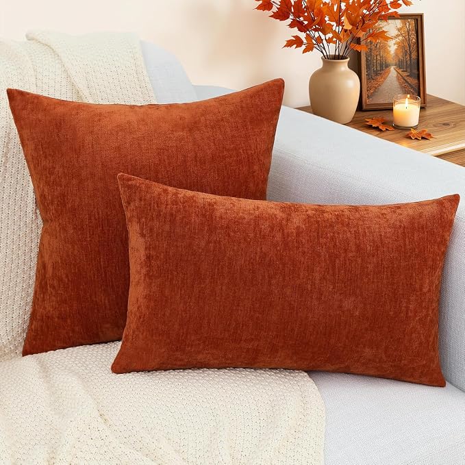 decorUhome Soft Chenille Rust Throw Pillow Covers 12X20 Set of 2 | Decorative Fall Couch Pillow Covers Solid Dyed Accent Modern Farmhouse Neutral Rectangle Pillow Cases for Sofa