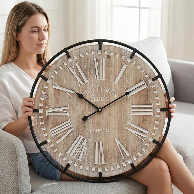 EMAX HOME 24 Inch Large Farmhouse Wall Clock, Rustic Antique Wood with Metal Circle and Large Engraved Numerals, Silent Battery Operated Wall Clock for Office Kitchen Bedroom Living Room