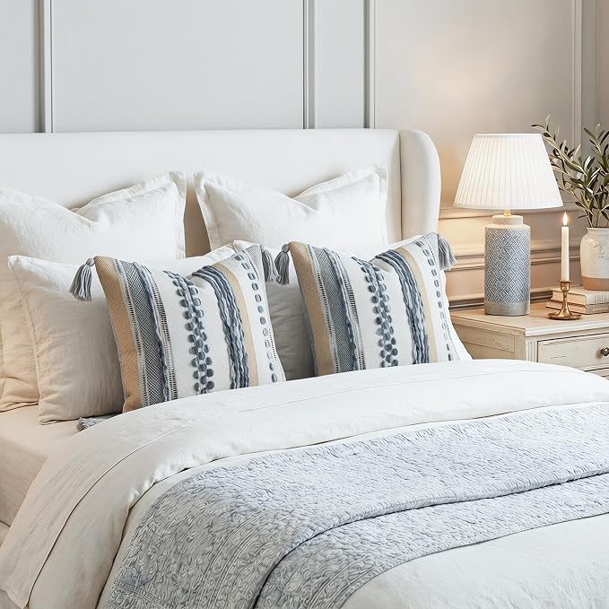 PANOD Chenille Farmhouse Throw Pillow Covers 18 x 18 Grey, Neutral Boucle Couch Pillow Cover, Striped Decorative Boho Coushion Cover Pillow Case for Couch Bed Sofa Bedroom,Modern Accent,Set of 2