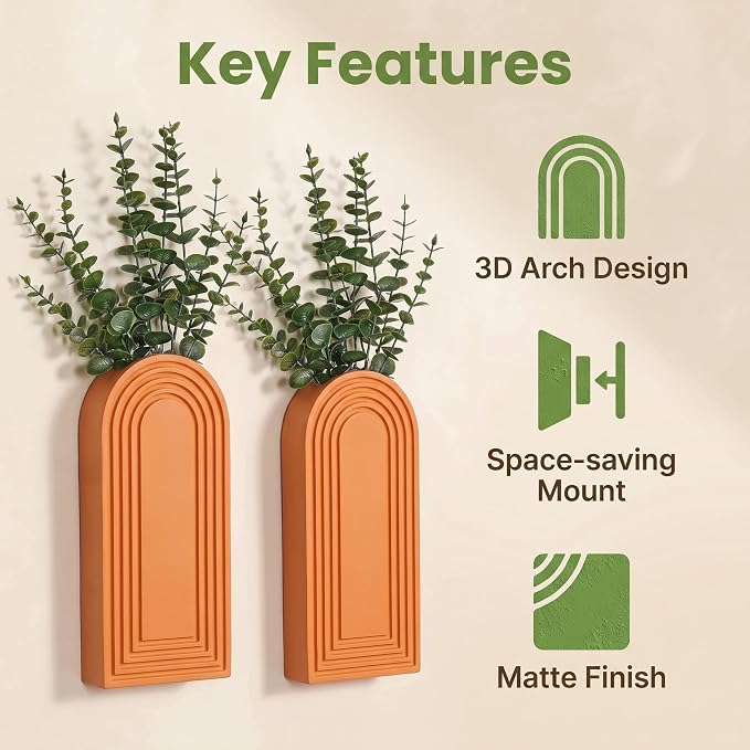 Dnnnii 2 Pack Wooden Wall Vase Set - Orange Finish Modern Farmhouse & Boho Wall Decor for Entryway, Hallway, Bathroom, Living Room, Dining Room, Narrow Spaces