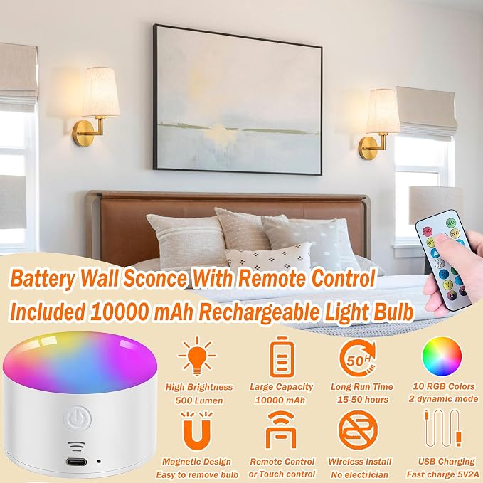 Wall Sconce Battery Operated Wall Light Fixure with Remote Control, Dimmable Battery Operated Wall Sconces Set Of Two, Indoor Wireless Wall Mounted Lamp with Rechargable Bulb For Bedroom Living Room (