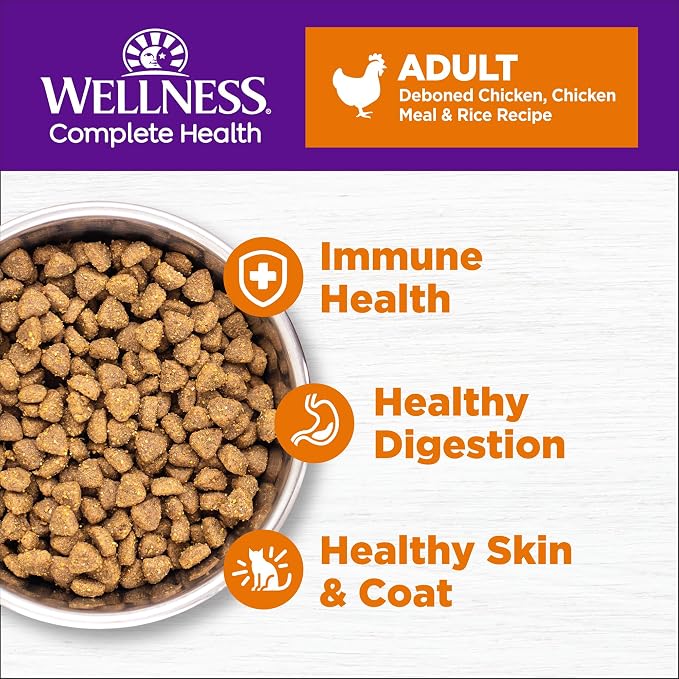 Wellness Complete Health Adult Dry Cat Food, Natural, Wholesome Grains Kibble, Chicken Recipe, 5 lb Bag