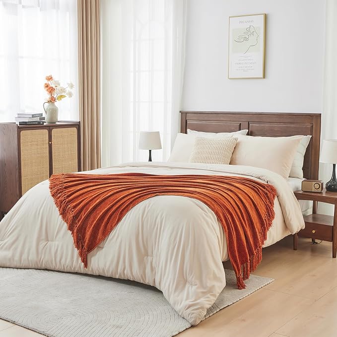 CozeCube Chenille Throw Blanket, Rust Orange Fringe Blanket, 50"X60" | For Couch, Cozy Plush Fuzzy Decorative Blanket with Fringe Tassels, Lightweight Throws for Bed Sofa Gift Home Decor