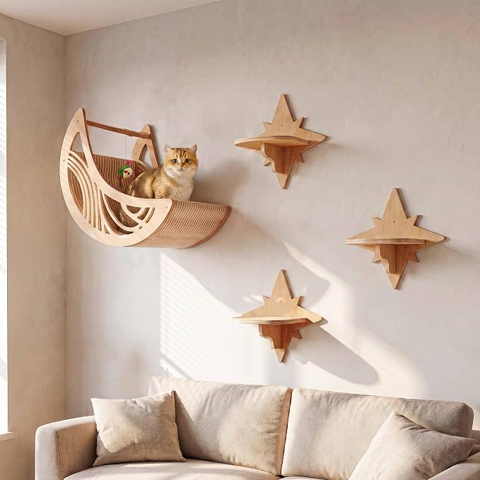 Moon & Star Cat Wall Shelves, Modern Cat Furniture Perch for Indoor Cats | Kitten Shelves with Decorative Cutouts, Space-Saving, Stable & Safe, Paintable, Pre-Drilled, Wood Cat Climbing System