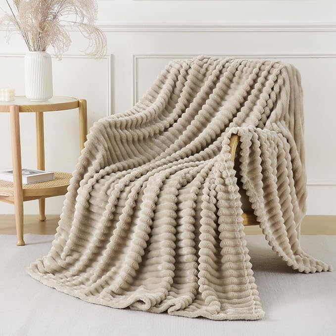 Khaki Throw Blanket for Couch Sofa 50x60 inches Striped Design | Fleece Blankets Room Home Decor Lightweight Plush Soft Cozy Gifts for Women Mom