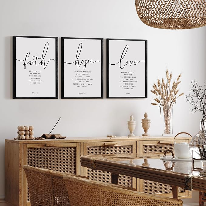Houmury Set of 3 Framed Farmhouse Bible Verses Wall Decor Sign 11”x14” Christian Faith Scripture Wall Art for Home Bedroom Wall Decor (11"x14" Black)