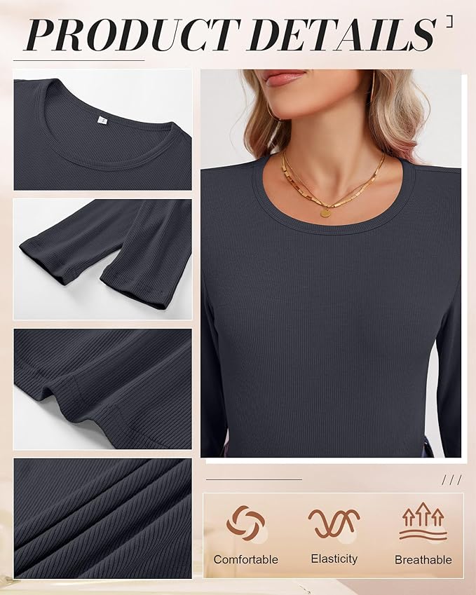 Ficerd 3 Pack Women's Ribbed Long Sleeve Tops, Crew Neck Slim Fit Undershirts Knit Basic Casual Stretch Layering Tee Shirts