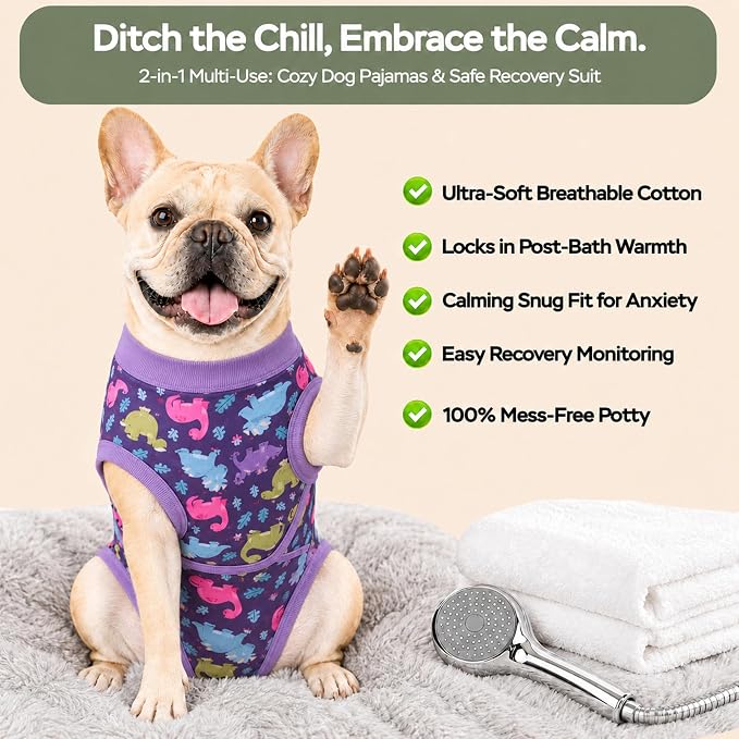 PetWarm Dog Surgical Suit After Neuter, Dog Coat's Inner Clothes, Substitute E-Collar and Cone, Dog Onesies Pet Surgery Recovery Suit for Dogs, Dinosaur Pattern, Purple, S