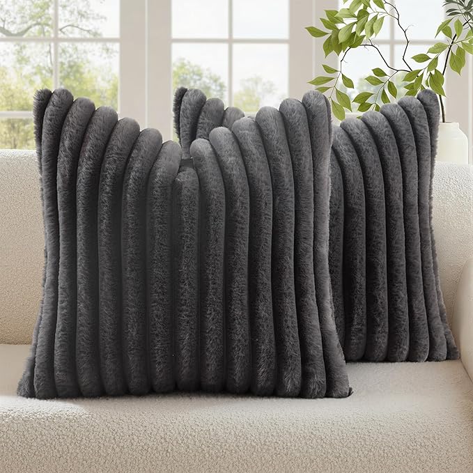 decorUhome Fall Faux Fur Throw Pillow Covers 22x22 Set of 2 Dark Grey | Decorative Soft Cozy Striped Plush Modern Farmhouse Boho Couch Pillow Cases Velvet Back for Sofa Bed Living Room Home Decor
