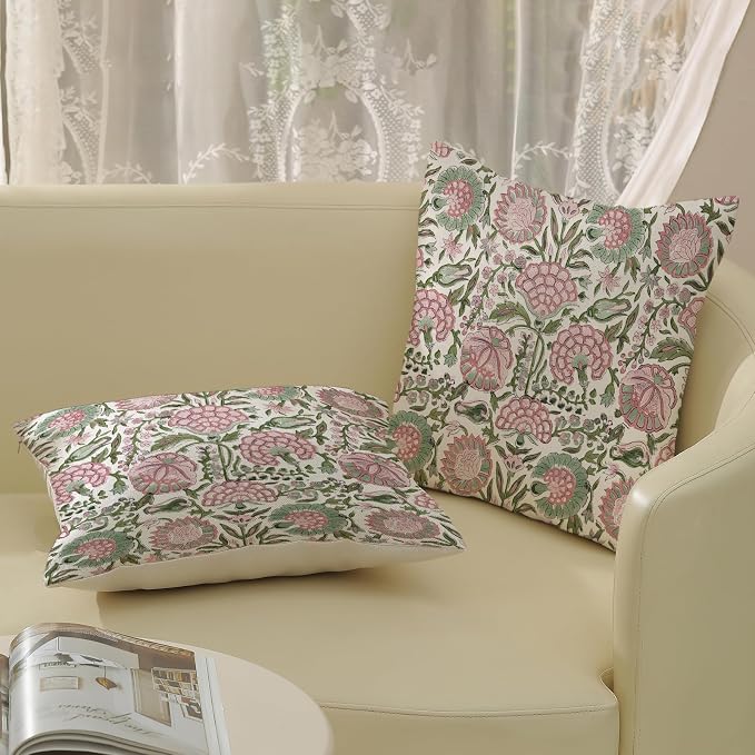 Block Print Pillow Covers 18x18 Inch Pack Of 2 Boho Pink Green Floral Decor Throw Pillow Covers Spring Summer Flower Pillowcase Outdoor Farmhouse Decorative Square Cushion Cover for Sofa Couch