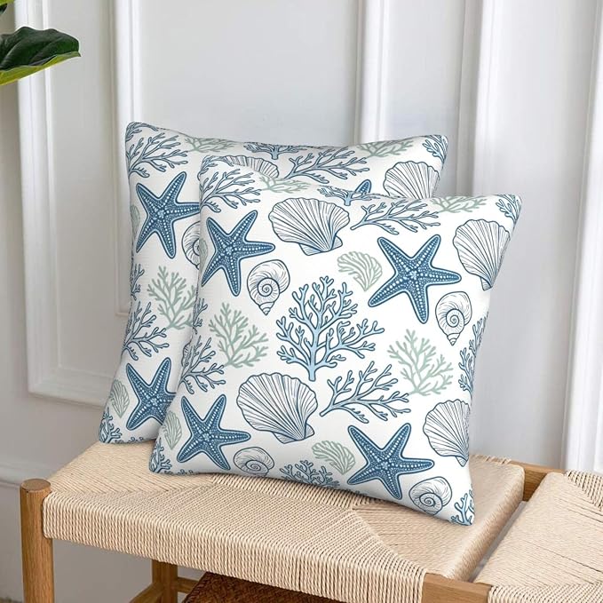 Coastal Starfish Shell Throw Pillow Covers 18x18 Set of 2 Nautical Beach Square Cushion Cases