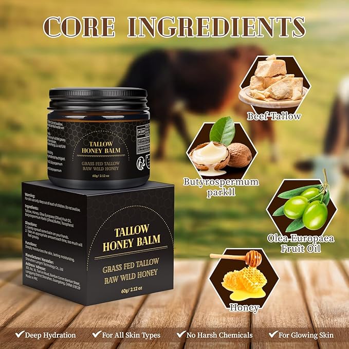 MEIDU Beef Tallow for Skin,Tallow and Honey Balm for Face,Raw Wild Honey Blend,Organic Grass-Fed Beef Tallow Balm,Face and Body Moisturizer(60g)