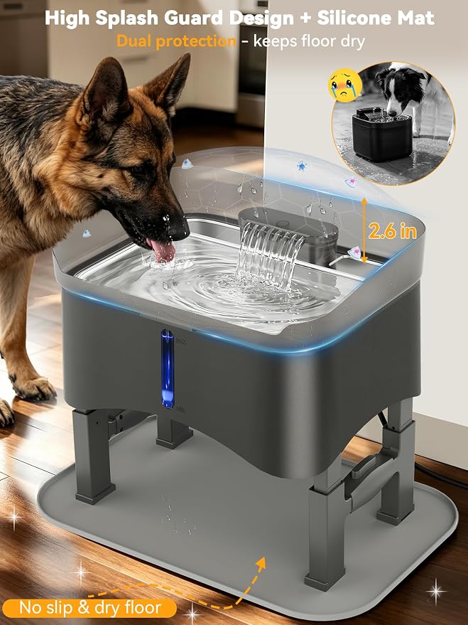 11L Elevated Dog Water Fountain No-Spill with 4 Heights Adjustable | Large Capacity, No-Splash, Anti-Slip Mat, 304 Stainless Steel Tray, 5-layer Filtration, for Senior/Large Dog & Multi-Pet Home