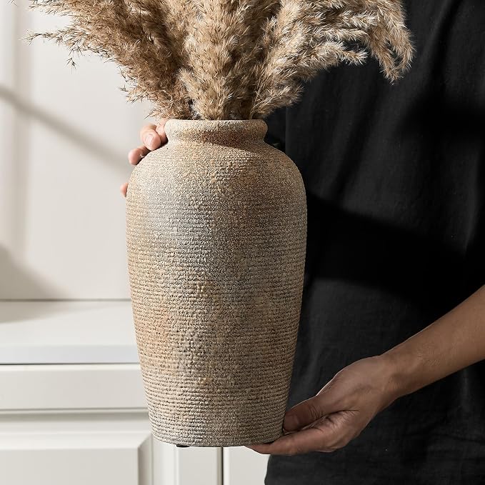 Emotionally Grounded Vase, Vaseking Large Ceramic Rustic Vase, 11 inch Minimalist Decorative Farmhouse Tall Vases for Home Decor, Living Room, Enterway, Table Decoration, Brown