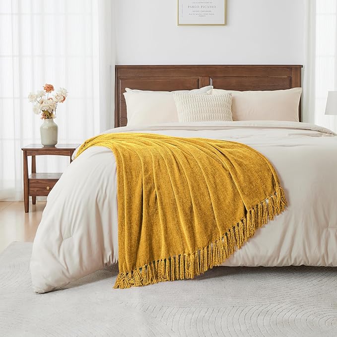 CozeCube Chenille Throw Blanket, Harvest Gold Fringe Blanket, 60"X80" | For Couch, Cozy Plush Fuzzy Decorative Blanket with Fringe Tassels, Lightweight Throws for Bed Sofa Gift Home Decor