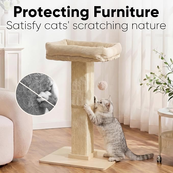 FUKUMARU Retro-Style Cat Scratching Post with Perch for Indoor Adult Cats | 28.7" Elevated Tall Cat Bed, Solid Wood Large Cat Scratcher Tower with Bed, Aesthetic Cat Tree Furniture with Natural Sisal