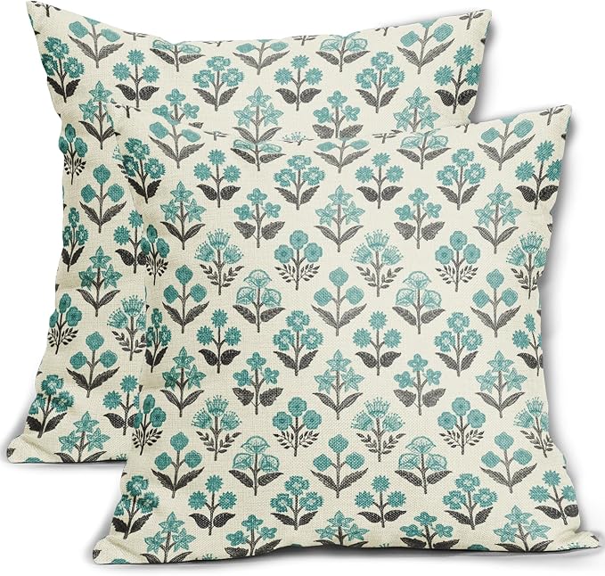 Black Teal Floral Pillow Covers 24x24 Inch Set of 2, Spring Summer Vintage Flower Block Print Pattern Decorative Throw Pillowcases Outdoor Boho Farmhouse Cushion Covers Seasonal Sofa Couch Bed Decor