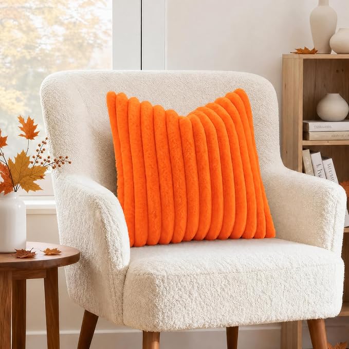 decorUhome Fall Faux Fur Throw Pillow Covers 24x24 Set of 2 Orange | Decorative Soft Cozy Striped Plush Modern Farmhouse Boho Couch Pillow Cases Velvet Back for Sofa Bed Living Room Home Decor