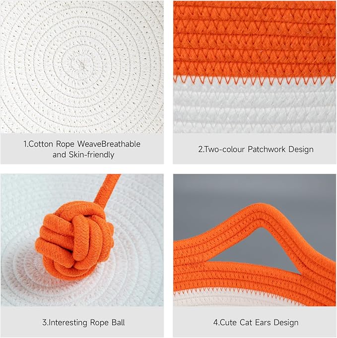 Cotton Rope Woven Cat Bed, Instinct Pet Basket with a Play Ball, Large | Foldable Cat Scratcher Basket for Indoor Cats, Puppies, Rabbits and Small Pets, Orange & White