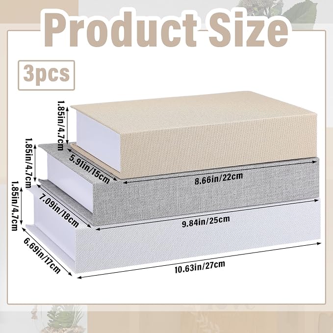 Tioncy 3 Pcs Decor Linen Faux Book Box Set Aesthetic DIY Fake Linen Book Box for Decor Storage Cafe Table Bookshelf Gift Home Keepsake(Multi Sizes,Rice White, Light Grey and White)