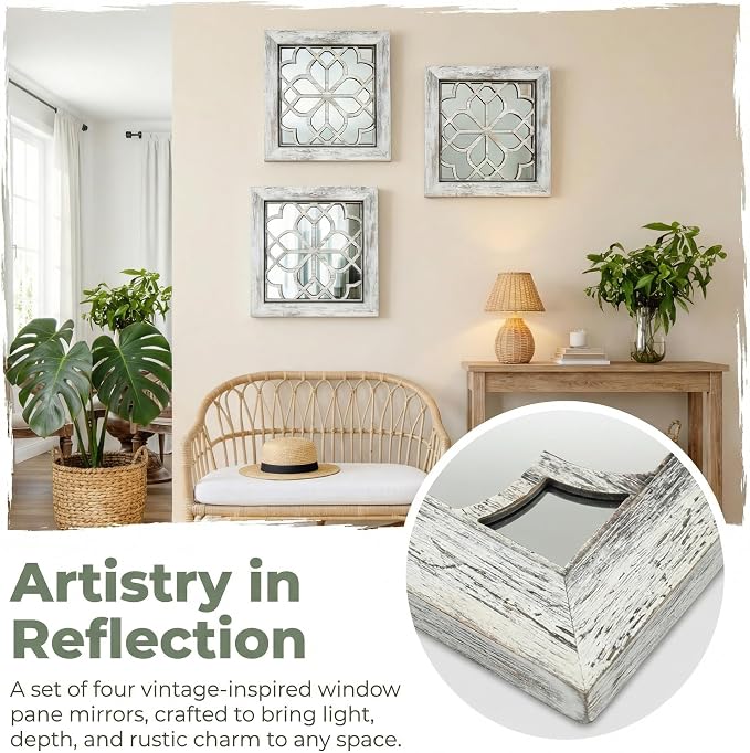 Set of 4 14 Inch Square Grey Window Pane Wall Mirrors, Shatterproof Rustic Farmhouse Boho Vintage Decorative Mirrors for Living Room Bedroom Bathroom Entryway