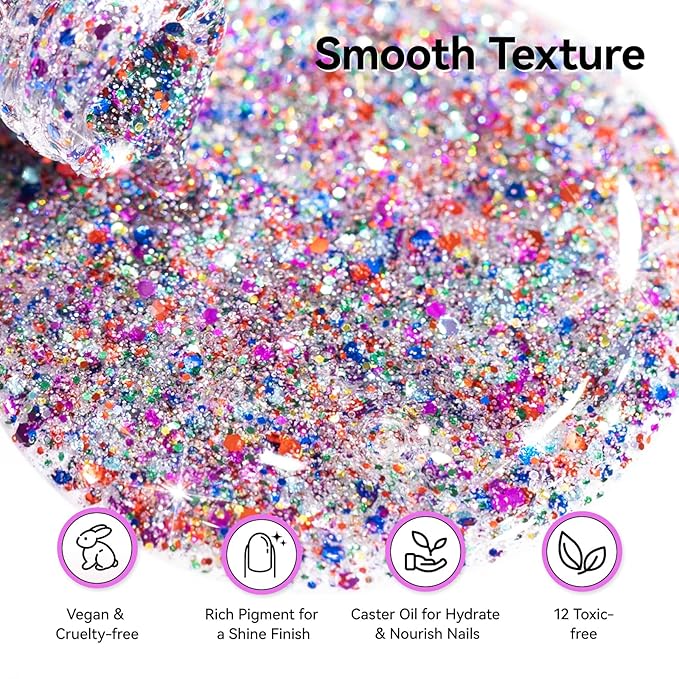 Sparkle Nail Polish, Glitter Purple Blue Red Fast Dry Confetti Nail Polishes, No UV Lamp Needed, Vegan, Long Lasting Gradient Nail Art DIY Home Travel Manicure Gift