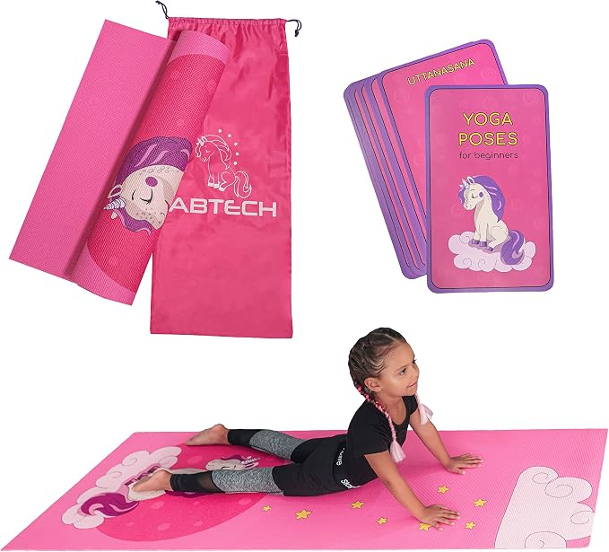Kids Yoga Mat Set - Comfortable Dinosaur Kid Yoga Mat Boy with 12 Yoga Cards, Storage Bag, Beige Play Mat Thick for Gymnastics Mat, Exercise Mat, No-Toxic and Non-Slip for Ages 3-12