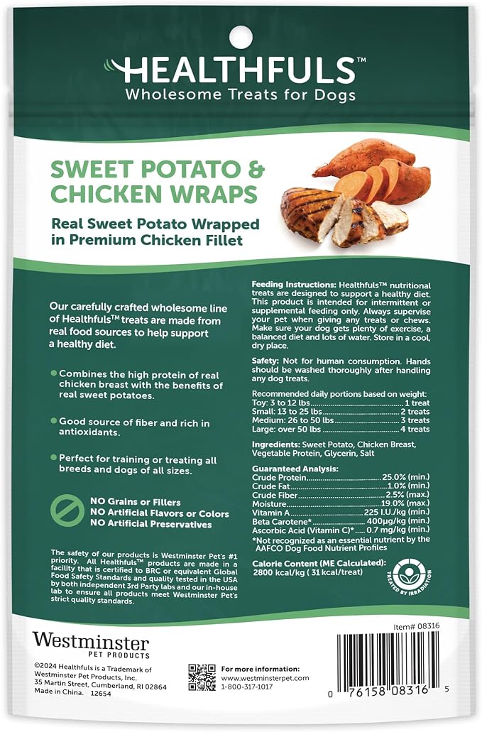 HEALTHFULS Chicken Wrapped Sweet Potato Dog Treats, 3.5oz | Premium Chicken Breast, Real Sweet Potato, Vitamins & Antioxidants, No Artificial Colors, Everyday Treat, For All Life Stages