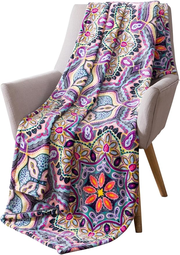 Boho Floral Fleece Throw Blanket: Mandala Bohemian Botanical Paisley Damask Velvety Soft, Bright Purple Pink Yellow White Durable Plush Accent for Bed or Couch, 50" x 70"