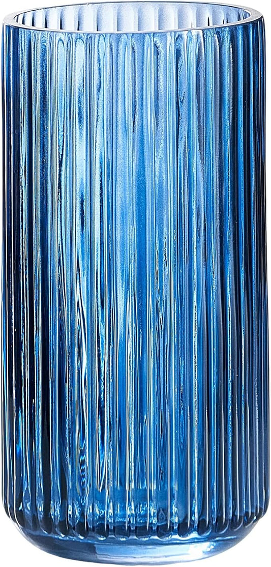 10 inch Blue Glass Flower Vase for Pampas Grass, Medium Decorative Centerpiece Ribbed Vase for Dining Table, Office Desktop, Shelf Bookshelf, Mantel, Entryway, Bathroom, Countertop,Gift