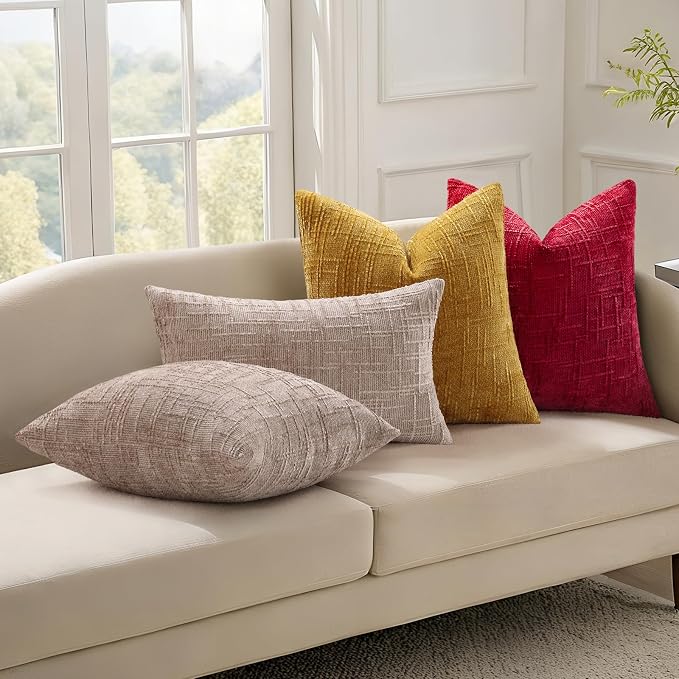 decorUhome Textured Chenille Throw Pillow Covers 26x26 Set of 2 Red | Fall Modern Farmhouse Soft Cozy Slubby Couch Pillow Cases Boho Decorative Pillow Cases for Bed Sofa Living Room Home Decor