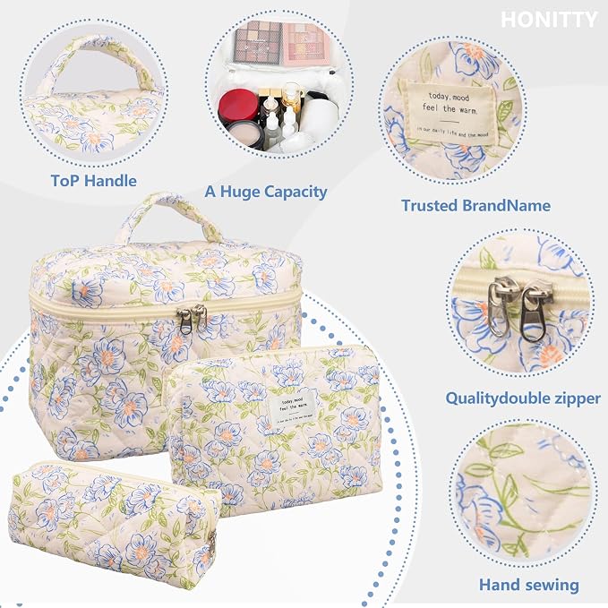 honitty Makeup Bag,Quilted Cosmetic Bags,Large Floral Make Up Organize bag,Makeup Bag Set for Women,Flower Travel Toiletry Bag