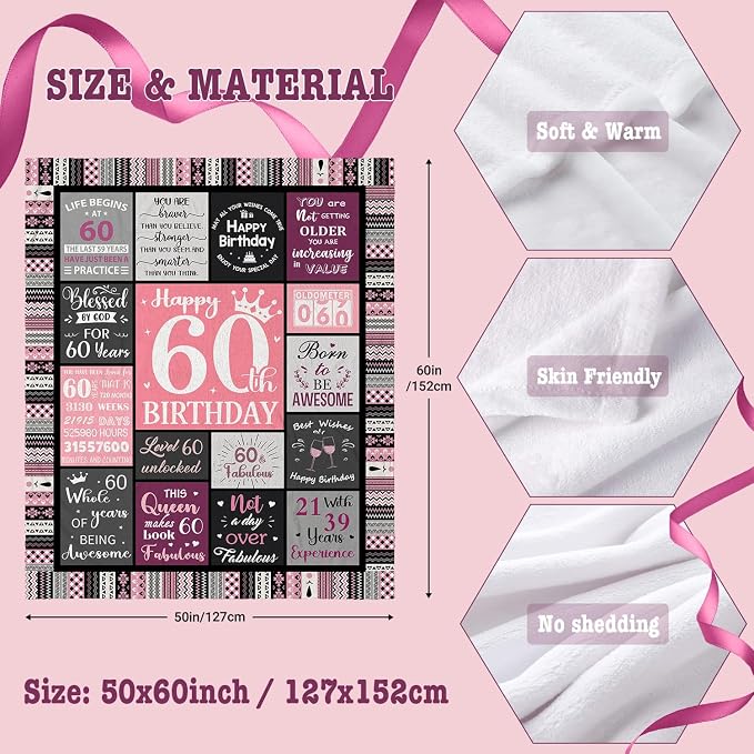 Ivivis 60th Birthday Gifts for Women Throw Blanket 60”X50”, Happy 60th Birthday Decorations Gift Ideas for 60 Year Old Woman, 1966 Bday Gifts for Mom Grandma