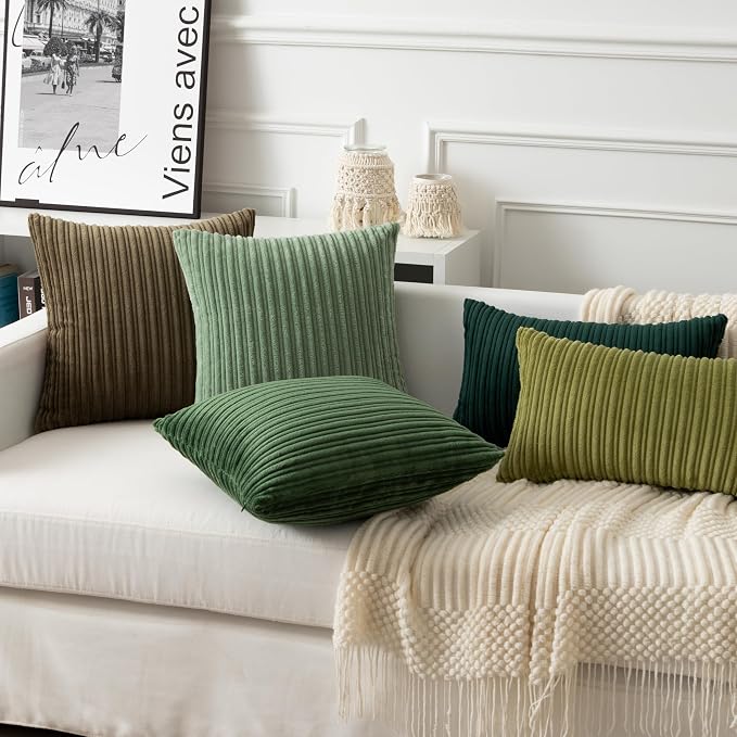 UGASA Christmas Velvet 12x20 Inch Lumbar Soft Throw Pillow Cover Boho Striped Decorative Both Sides Solid Rectangular Cushion Case for Couch Bedroom Sofa Home, 1 Piece, Dark Green