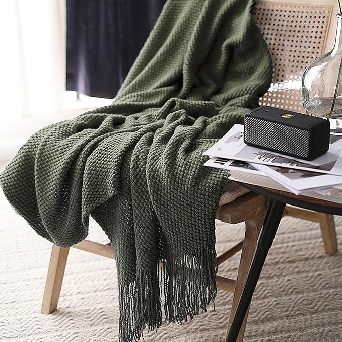 LOMAO Knitted Throw Blanket with Tassels Bubble Textured Lightweight Throws for Couch Cover Home Decor (Dark Olive, 50x60)