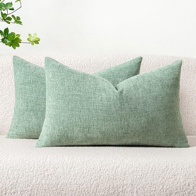 MIULEE Chenille Lumbar Throw Pillow Covers Greyish Green 12x20 Pack of 2 | Soft Modern Home Decor, Classic Decorative Pillows, Solid Dyed Cases, Boho Couch Cushion Covers for Sofa Bed Living Room